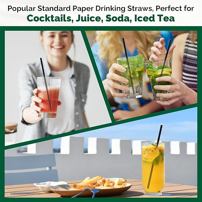 Black Paper Straws 1000 Count - 7.75" x 0.24", 100% Biodegradable & Compostable, Disposable Drinking Straws Bulk - Cocktail, Bars, Restaurants