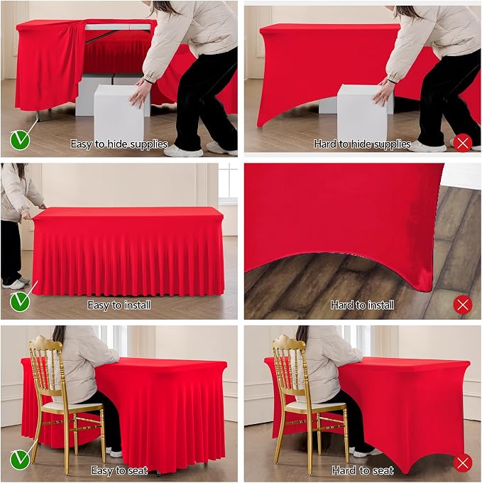 Outpain 8ft Spandex Table Cloth for Standard Folding Tables-4Pack Red Table Cloth Table Protector for Party, Wedding, Cocktail, Banquet, Festival