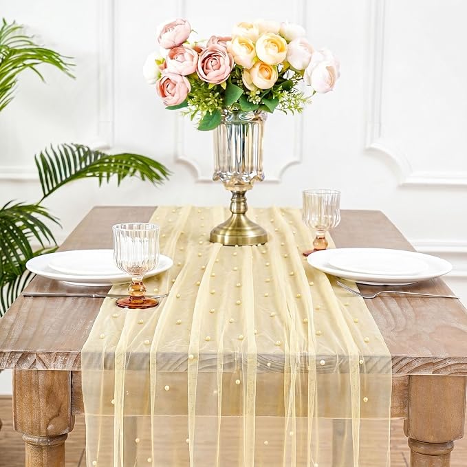 Pearl Gauze Table Runner Tulle Fabric: 10ft Seasonal Dessert Chiffon Pearl Lace Boho Overlay Wedding Veil Outdoor Wedding Aisle Runner Party Decorations Doilies, Light Yellow