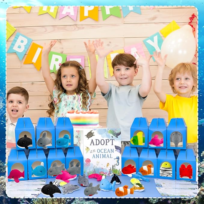 61 Pcs Adopt a Pet Ocean Animal Party Favors Include 20 Mini Plush Ocean Animal 20 Foldable Boxes 20 Adopt Animal Cards 1 Adopt Sign for Adopt a Pet Party(61 Pcs Ocean)