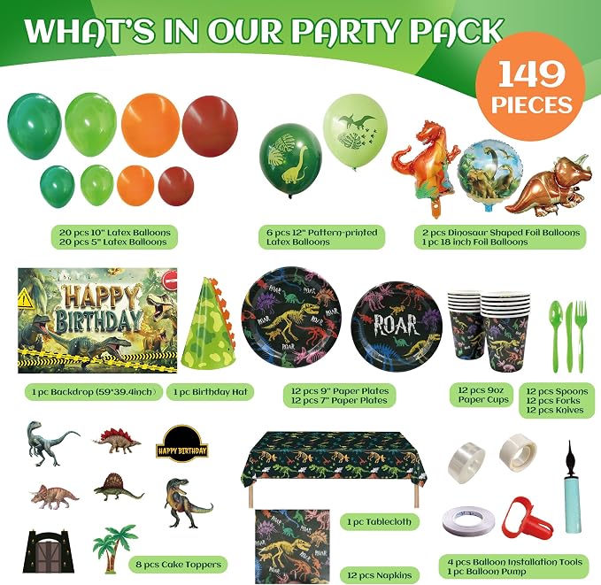 Party Spot!149 pcs Dinosaur Birthday Decorations, 12 Tableware Sets, Balloon Garland, Backdrop, Hanging Swirls, Dinosaur Birthday Party Decorations for kids