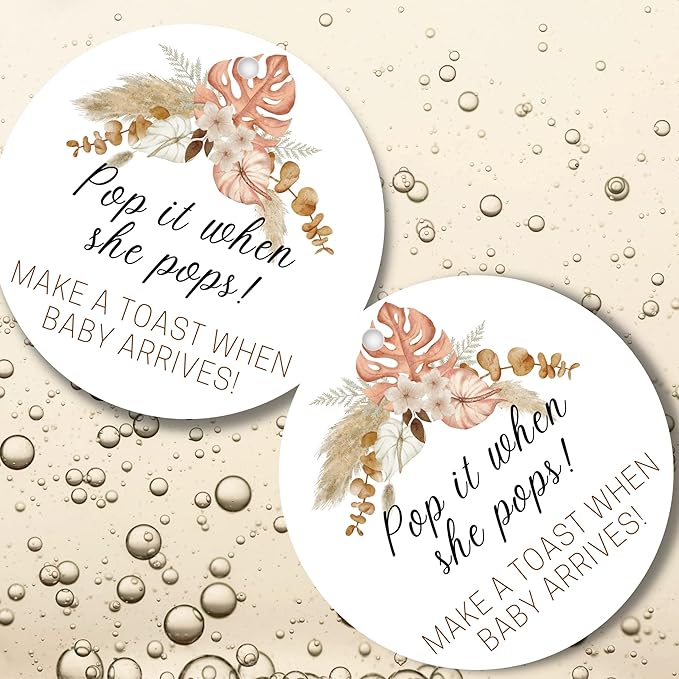 Pop It When She Pops Champagne | 30 Pack | 2.5" Circle Tag With Pre-Cut Hole | Baby Shower Party Favor | Boho Flower Design
