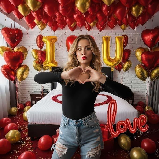 I Love You Balloons for Him/Her Balloons Red gold romantic balloon kit with Red heart LOVE mylar balloons Red rose petals for hotel Decorations Valentines Party wedding anniversary supplies