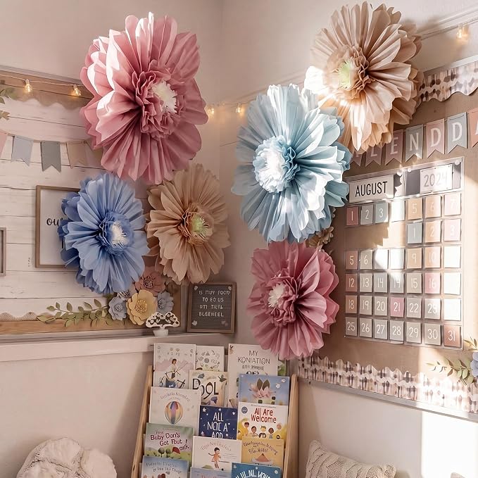 Giegxin 6 Pcs 31.5", 24" Boho Giant Paper Flowers Back to School Bulletin Board Decoration Large Pink Blue Classroom Tissue Flowers for Wall DIY Photo Backdrop Classroom First Day of School Party