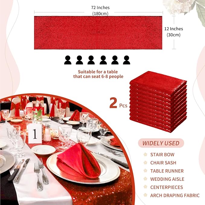 Sequin Table Runners 2 Pieces Red Table Runners 12x72 Inch Glitter Dining Table Cover for Party Wedding Birthday Reception Banquet Decoration Spring Party Chair Sashes