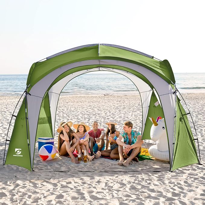 UNICAMPER Beach Tent 12 X 12ft Large UPF50+ Pop Up Canopy with 2-Pcs Side Wall, Sun Shelter Rainproof, Waterproof for Camping Trips, Backyard Fun, Fishing, Parties, Or Picnics(Green)