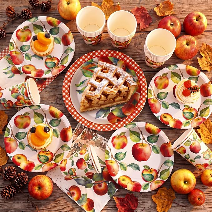 Domensi 250 Pcs Fall Apple Party Paper Plates and Napkins Forks Autumn Apple Party Supplies Decoration Fall Theme Tableware Set for Rosh Hashanah Harvest Fruit Theme Birthday Parties Baby Shower