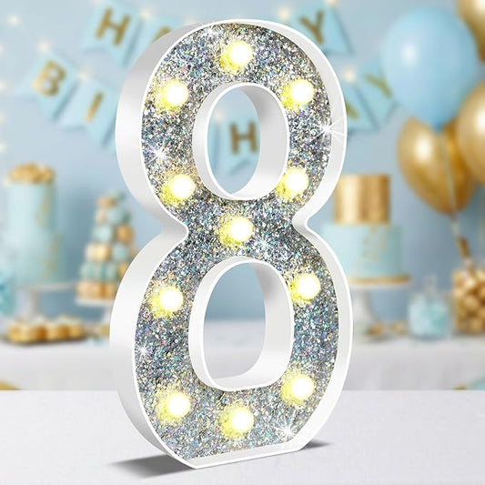 12.6 Inch LED Silver Marquee Light Up Numbers, 8th Birthday Decorations Number Lights as Gifts for Girls Boys, Glitter Lighted Marquee Numbers for Silver Anniversary Party Table Decor, 8