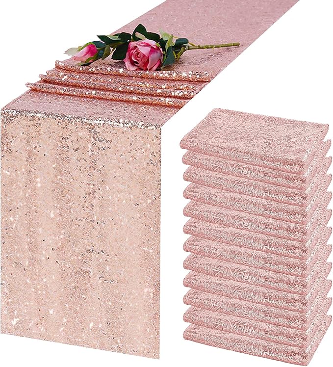 2 Pack Rose Gold Sequin Table Runner 12 x 108 Inch, High Density Sparkly Glitter Table Runners for Wedding Reception, Birthday Party, Baby Shower, Shimmering Pink Decor