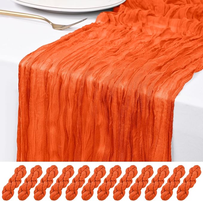 12 Pack Orange Cheesecloth Table Runner 120 inch Fall Thanksgiving Boho Rustic Gauze Farmhouse 10FT Cheese Cloth Runner for Baby Shower Wedding Party Holiday Home Decor