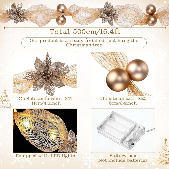 Hollowfly 16.4 ft Christmas Tree Ribbon Garland Mesh with Lights Decor Mesh Christmas Ball Garland Poinsettia Flower Hanging Ornament for Mantle Front Door Xmas Decoration(Champagne Gold)