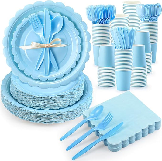 Ziliny 350 Pcs Baby Blue Plates and Napkins, 50 Guest Spring Party Supplies Include Scalloped Paper Plates Napkins Cups Plastic Spoons Forks Knives Disposable Tableware Set for Baby Shower