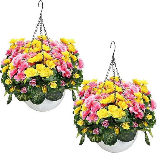 Set of 2 Artificial Flowers with Hanging Baskets, Pre-Assembled Silk Fake Flower Large Look Real UV Resistant for Outdoor Indoor Balcony Garden Porch Yard Home Decor, Yellow Pink