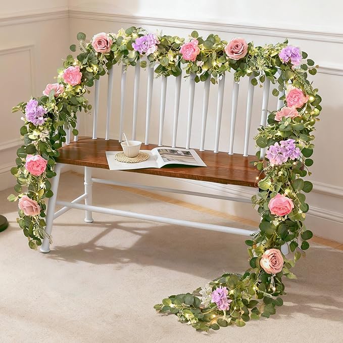 Livole 6 FT Artificial Flower Garland with Lights Pink Fake Roses Peony Floral Garland with Eucalyptus Flower Hanging Vine for Wedding Arch Table Centerpieces Backdrop Party Home Decorations