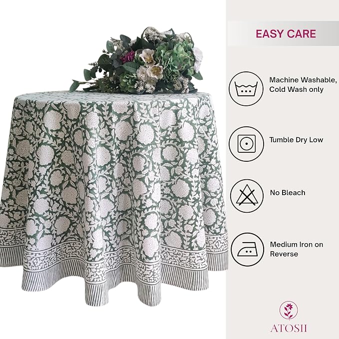 ATOSII Shalimar Green 100% Cotton Round Boho Fall Tablecloth, Handblock Floral Table Cloth Linen for Kitchen Dining I Parties Wedding Outdoors Christmas Thanksgiving I Fall Home Decor 90" Inches Round