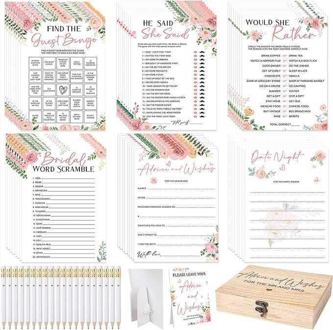 Silipull Bridal Shower Games Set for 50 Guests Includes Bingo, He Said She Said, Scramble, Would She Rather, Advice and Wishes Wedding Games Double Sided with Wooden Box, 20 Pencils(Floral)