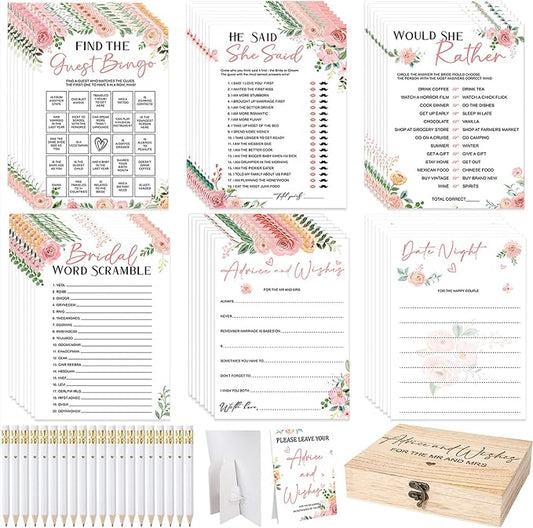 Silipull Bridal Shower Games Set for 50 Guests Includes Bingo, He Said She Said, Scramble, Would She Rather, Advice and Wishes Wedding Games Double Sided with Wooden Box, 20 Pencils(Floral)