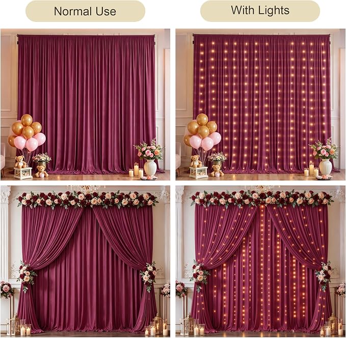 Burgundy Backdrop Curtains with Lights for Parties,20x10FT Wrinkle Free Wedding Photo Backdrop Curatin Drapes Fabric for Baby Shower Birthday Ceremony Reception Home Party Decorations