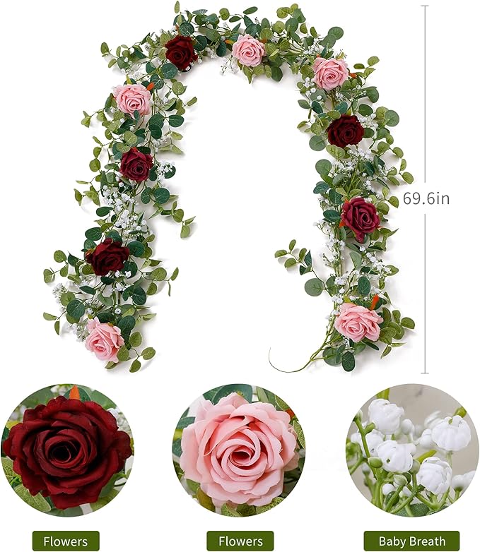 Anna's Whimsy 5.91FT Artificial Eucalyptus Garland with Flowers, Fake Rose Gypsophila, Faux Floral Garland Greenery for Wedding Spring Party Art Table Runner Decor (Pink, 1)