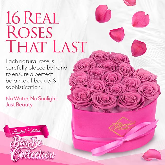 GLAMOUR BOUTIQUE 16 Flower Forever Heart Shape Box, Mothers Day Gift For Mom, Eternal Preserved Roses Gift for Her, Flowers bouquet, For Birthday, Anniversary, Girlfriend - Velvet Pink (Color-Treated)