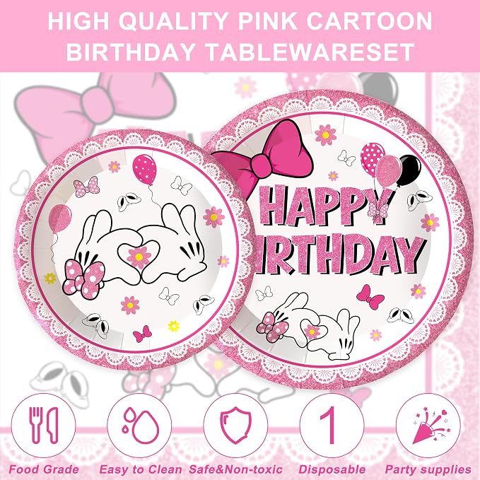 120pcs Pink Bow Mouse Plates Napkins Cartoon Birthday Party Supplies Disposable Paper Cups Pink Forks Tableware Set for Birthday Party Decorations 20 Guests