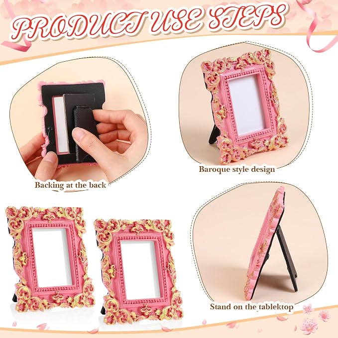 Maitys 5 Pcs Mini Picture Vintage Frames with Stands Tiny Antique Photo Baroque Ornate Resin Oval Frame Table Top Display Home Wedding Decor (Pink Gold)