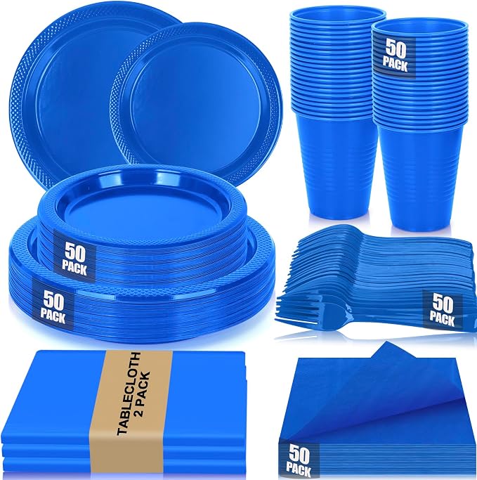 Blue Plastic Plates for Party,50 Guest - 7&9inch Plate,Napkins,Forks,Cups & Tablecloths,Disposable Party Supplies for Birthday,Graduation,Picnic,Father's Day Partys