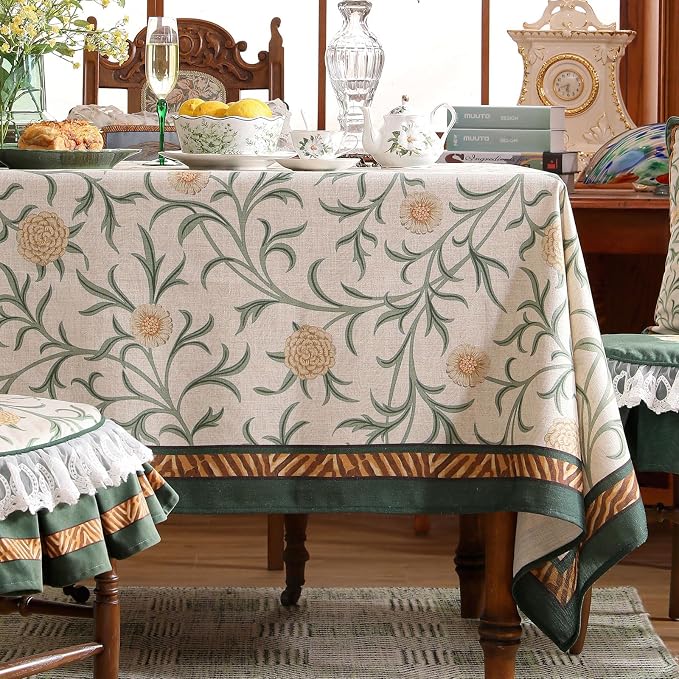 patdrea Vintage French Linen Tablecloth,Rectangular,102"x63"-Botticelli | Elegant Large Table Cloth for Rectangle Table,Sage Green Floral Vine Patterned,for Dining Room Tea Party Thanksgiving