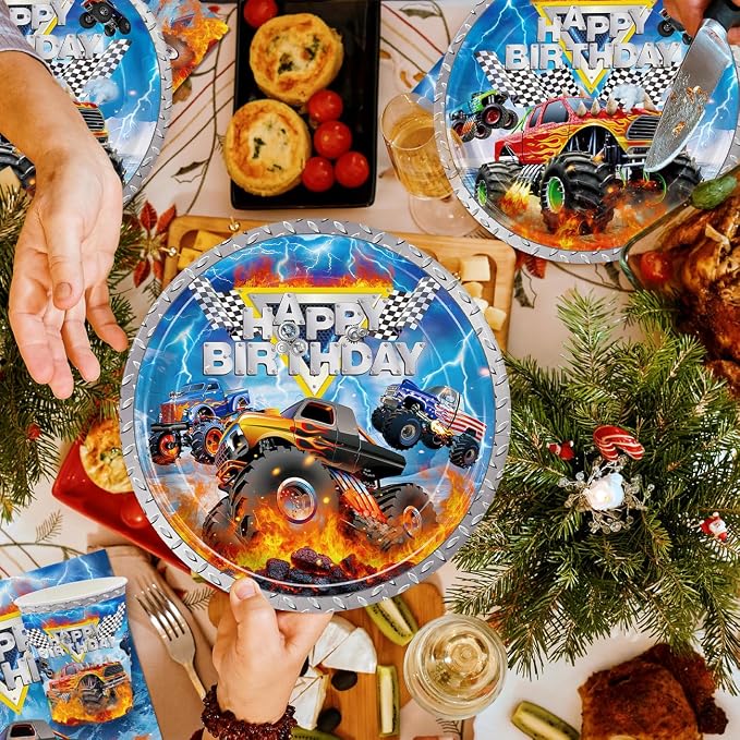 177pcs Monster Truck Birthday Decorations Plates Napkins Disposable Tableware Set Include Plates, Napkins, Cups, Cutlery, Banner, Hanging Swirls, Tablecloth for Monster Truck Party Supplies Serve 24 ﻿