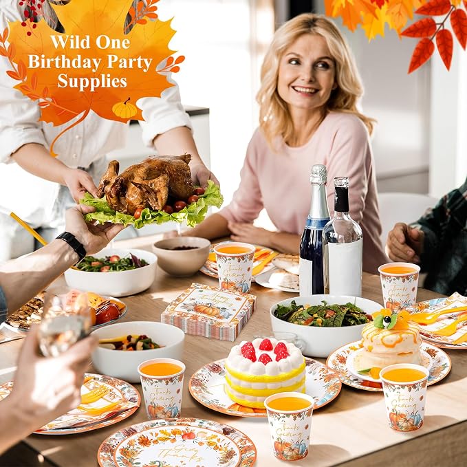 Funnymoom Thanksgiving Party Supplies for 50 Guests Pumpkin Autumn Disposable Plates Napkins Cups Spoons Forks Knives for Fall Harvest Give Thanks Party Decoration