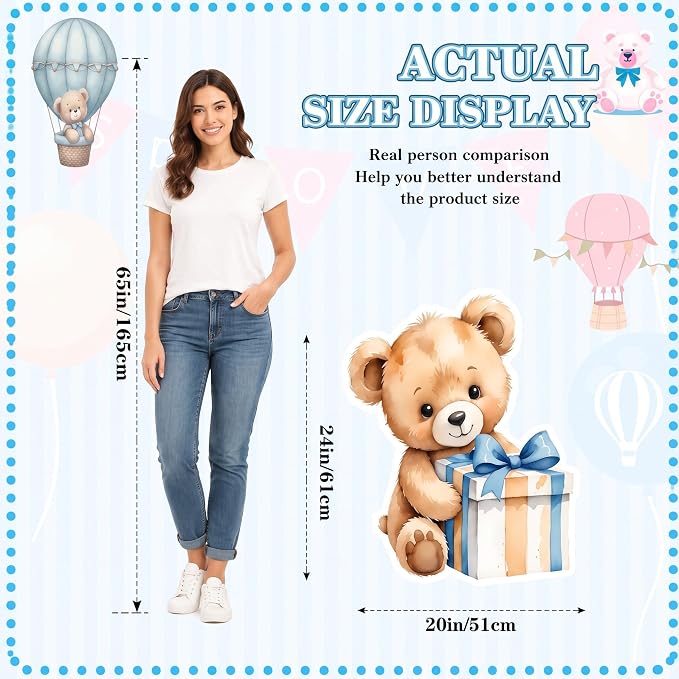 Honoson 4 Pcs Large 24" x 32" Teddy Bear Baby Shower Decorations Cardboard Cutouts, Bear Themed Party Yard Signs Blue for We Can Bearly Wait Birthday Gender Reveal Party Supplies Lawn Decor