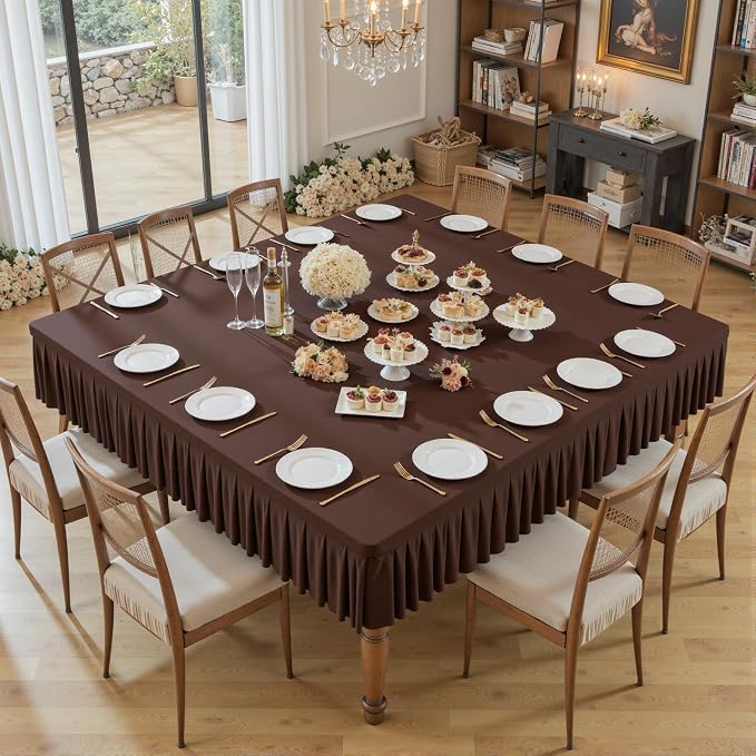 Wish Care Chocolate Spandex Tablecloths for 60x60 Inch Square Tables, Stretch Fitted Table Clothes with Pleated Ruffle Skirt for 60” Table, Wrinkle Free and Elastic, for Party Kitchen Home Dining