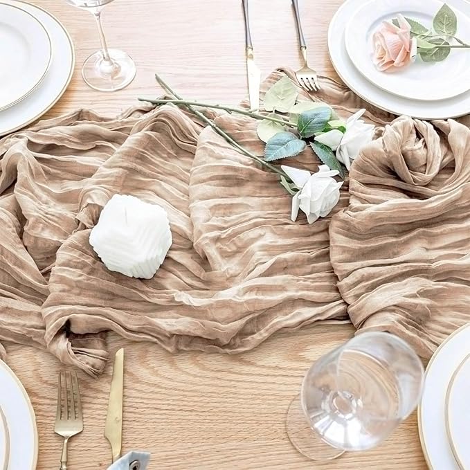 8 Pack Nude Cheesecloth Table Runner 21x120 Inch Gauze Tan Table Runners Reusable Polyester 10ft Boho Rustic Cheese Cloth Table Runner for Wedding Party Baby Shower