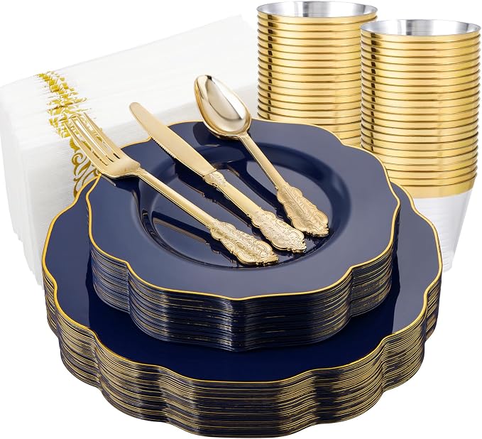NOCCUR 175PCS Blue Plastic Plates with Disposable Silverware - Include 50 Blue Disposable Plates with Gold Rim,75 Gold Cutlery,25 Cups,25Napkins for Party/Wedding/Graduation/Independence Day
