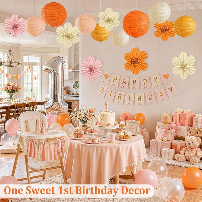 Pink and Orange Party Decorations, 18Pcs Paper Lanterns & Flower Fans Set | 8"-14" layered hanging decor for one sweet birthdays, sunset parties, citrus spritz themes, bridal showers and baby showers