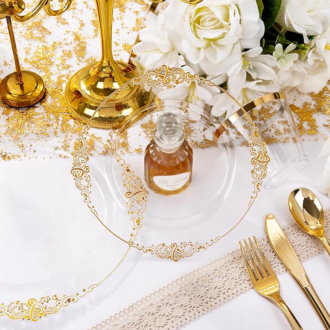 Nervure 600PCS Gold Plastic Dinnerware - Clear and Gold Disposable Plates for 100 Guests - 200 Disposable Plates, 300 Plastic Silverware, 100 Cups for Wedding & Party