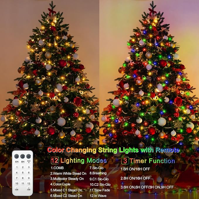2 Pack Christmas Color Changing String Lights Battery 33 Ft 100 LED | Green Wire,Remote Control, Timer, 12 Lighting Modes,Waterproof,Fairy Lights for Bedroom Wreath Christmas Decor