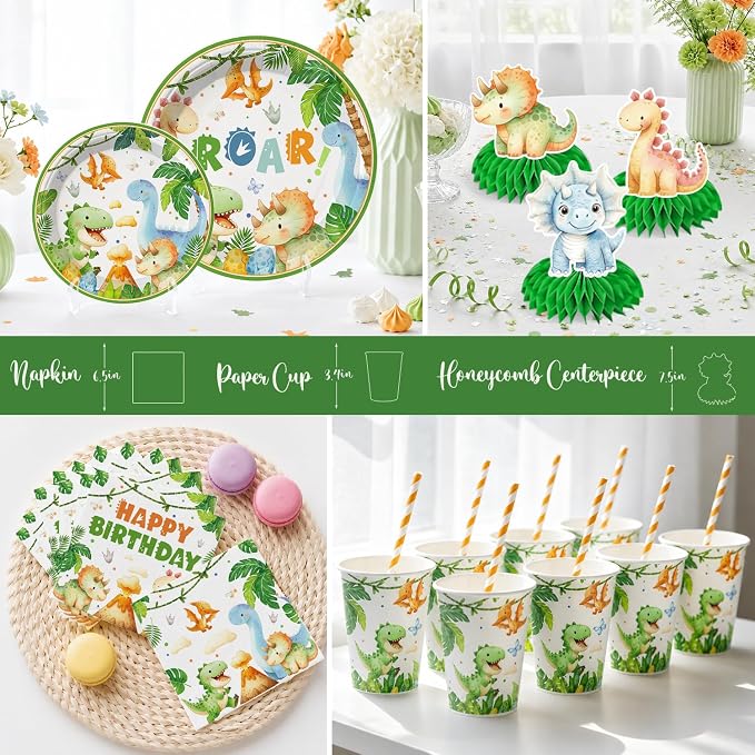 213 pcs Dinosaur Birthday Party Decorations Serve 25, All-in-One Dinosaur Party Decorations Includes Plates, Tablecloth, Cake Toppers, Cupcake Toppers