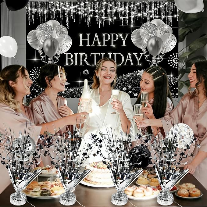 6 Pack Metallic Foil Spray Table Centerpiece Decoration Star Brust Glitter Table Topper Decor for Birthday Graduation Holiday Christmas New Year's Eve Celebration Party Supplies Black Silver
