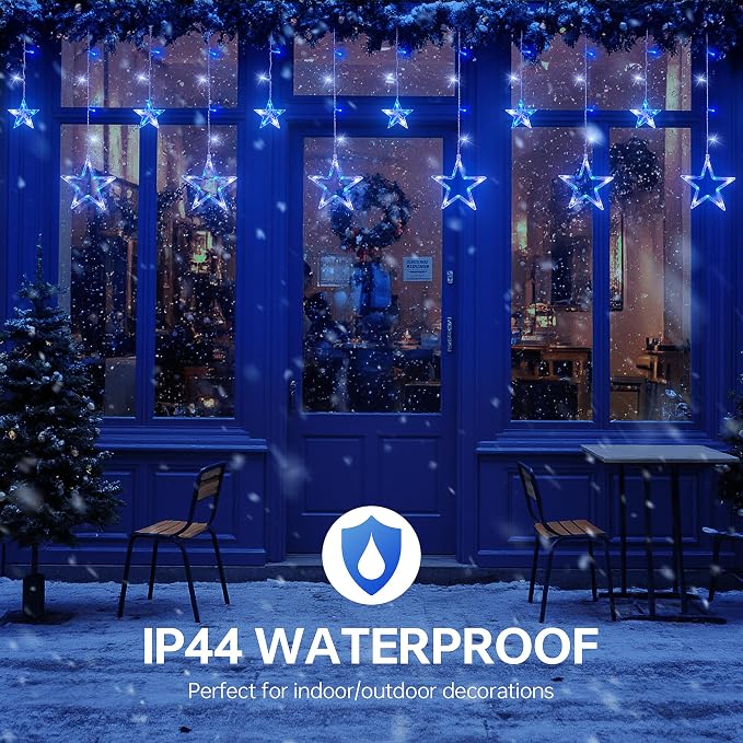 126L Blue White Christmas Star Icicle Lights, 8.2FT Clear Curtain Fairy String with Connectable, Timer 8 Modes Memory, Waterproof Hanging for Eaves, Party, Wedding Indoor Outdoor Decorations