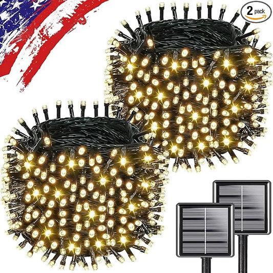 Upgrade 2Pack 500LED Solar String Lights Outdoor Waterproof, 180FT Solar Lights Outdoor String with 8 Modes, IP65 Waterproof Twinkle Christmas Light for Outside, Garden Tree Decoration, Warm White