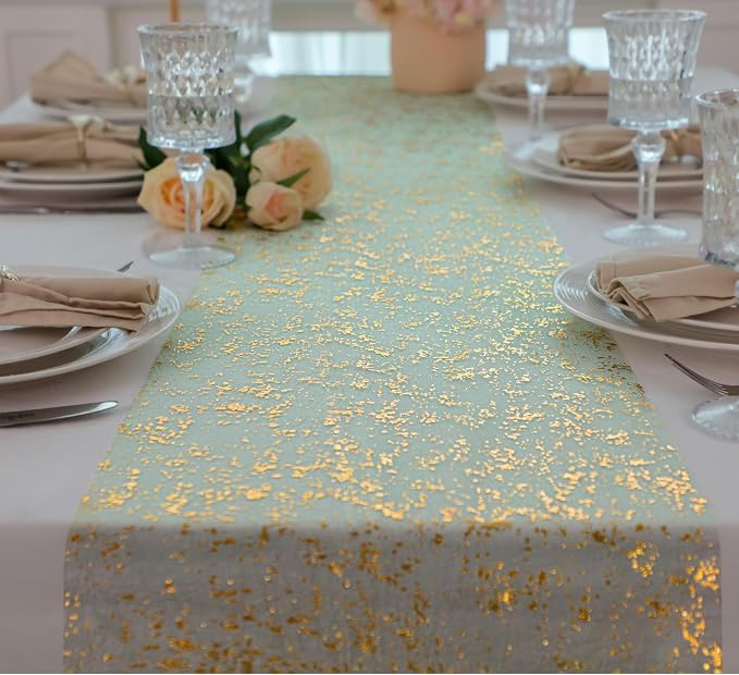 Snowkingdom Sage Green Table Runner 2PCS 11 x 108 Inch Metallic Foil Sequin Glitter Thin Sheer Mesh Fabric Decorations for Wedding Birthday Christmas Party Centerpieces Reception Dining Home Holiday