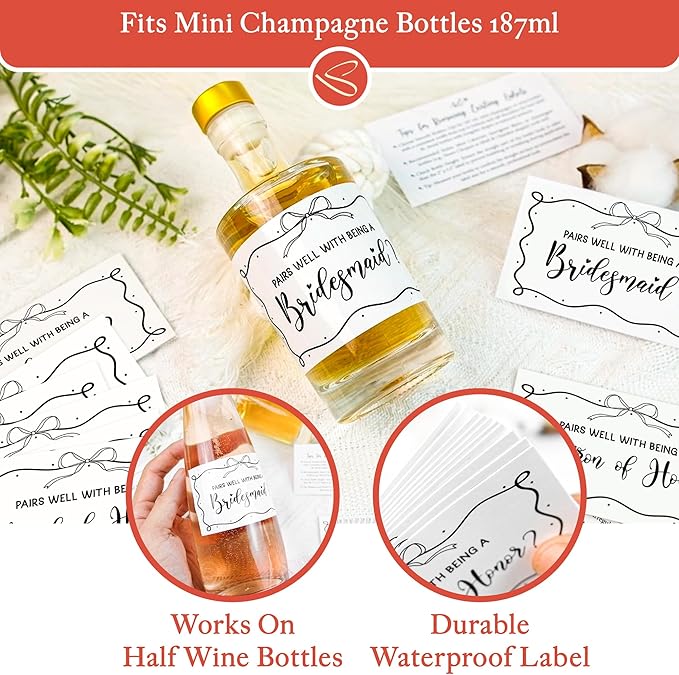 Stofinity 11 Will You Be My Bridesmaid Stickers Mini Champagne Labels - 8 Pairs Well with Being A Bridesmaid Proposal Ideas, Maid of Honor and Matron of Honor Proposal Bottle Label
