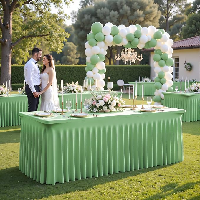 4 Pack Sage Green Table Cloth for 6 Foot Rectangle Tables Spandex Fitted Tablecloth 6ft Stretch Table Covers Skirt Green Banquet Tablecloths Wrinkle Free Tablecloth for Party Wedding Birthday Event