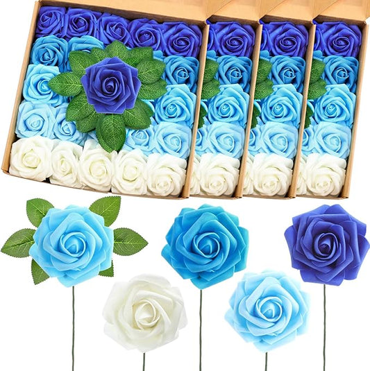100 Pcs Artificial Foam Rose Flower Faux Bouquet Wedding Fake Rose Gift for Mother's Day Women DIY Bridal Shower Party Table Birthday Home Spring Decor (Gradient Blue)