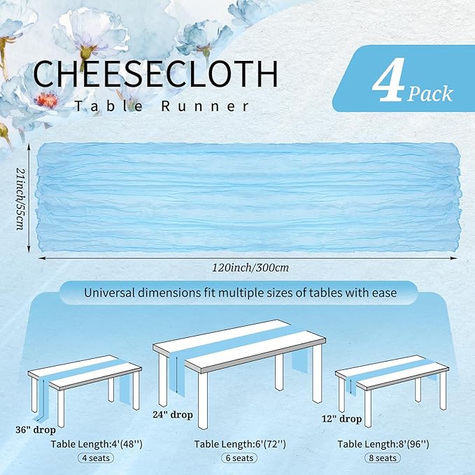 4 Pack Cheesecloth Table Runner 10FT Baby Blue Table Runner Light Blue Boho Gauze Cheese Cloth Table Runners Long Rustic Sheer Table Decorations for Wedding Party Baby Bridal Shower Birthday Holiday