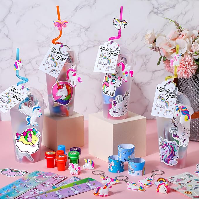 Qilery 195 Pcs 16 Guests Unicorn Birthday Party Favors for kids Includes Plastic Cup with Lid Straw Keychain Bracelet Ring Stamper Stickers Tag for Party Favors Piñata Filling