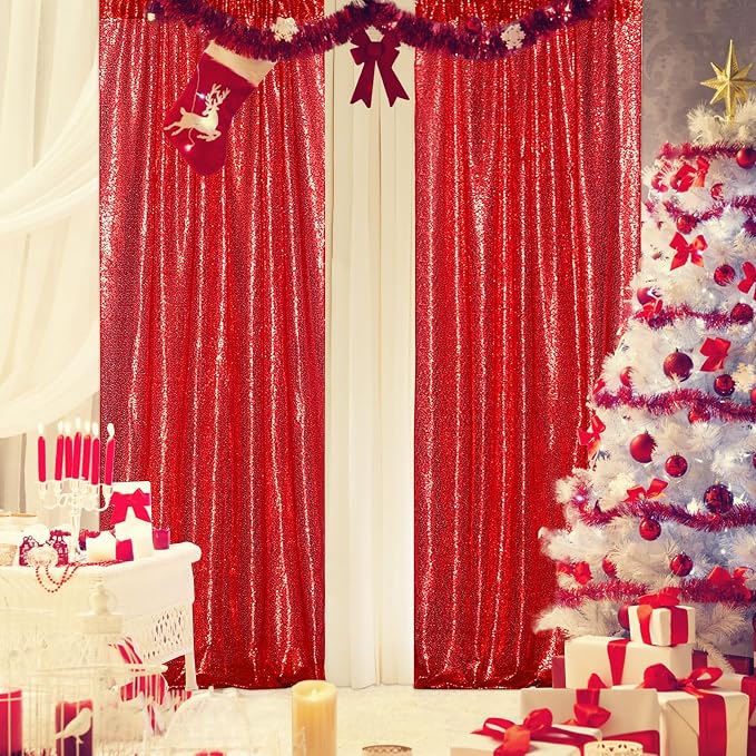 PartyDelight Red Sequin Backdrop Curtains 2x8ft 4 Panels | 3mm stitched sequin curtain with 4 inch rod pocket for 2x8ft 4 panel fuller wall coverage pleated backdrop and 8ft stand