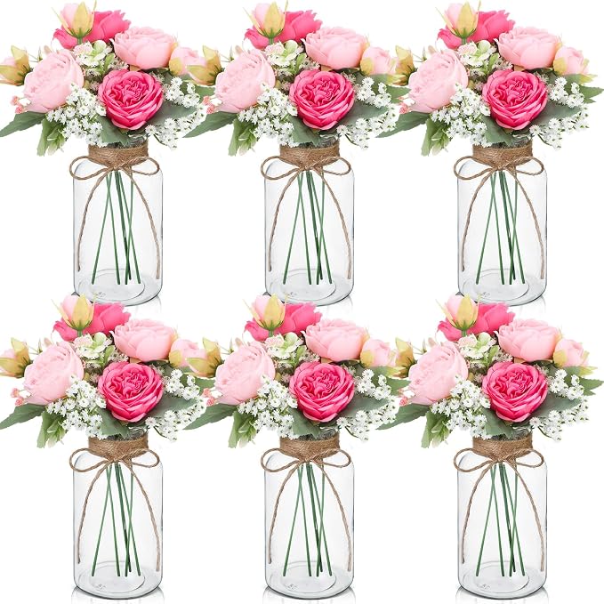 Zeyune 6 Sets Mason Jar Table Centerpiece with Artificial Peony Baby's Breath Flower Centerpieces Faux Flowers with Rope for Wedding Reception Engagement Bridal Shower Rustic Table Decor(Pink)