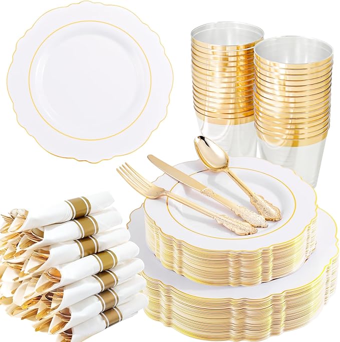 Liacere 350PCS Gold Plastic Plates-Disposable White and Gold Plates 50guest Baroque Plastic Dinnerware include 100Plates, 50Pack Pre Rolled Napkins with Silverware 50Cups for Wedding & Party